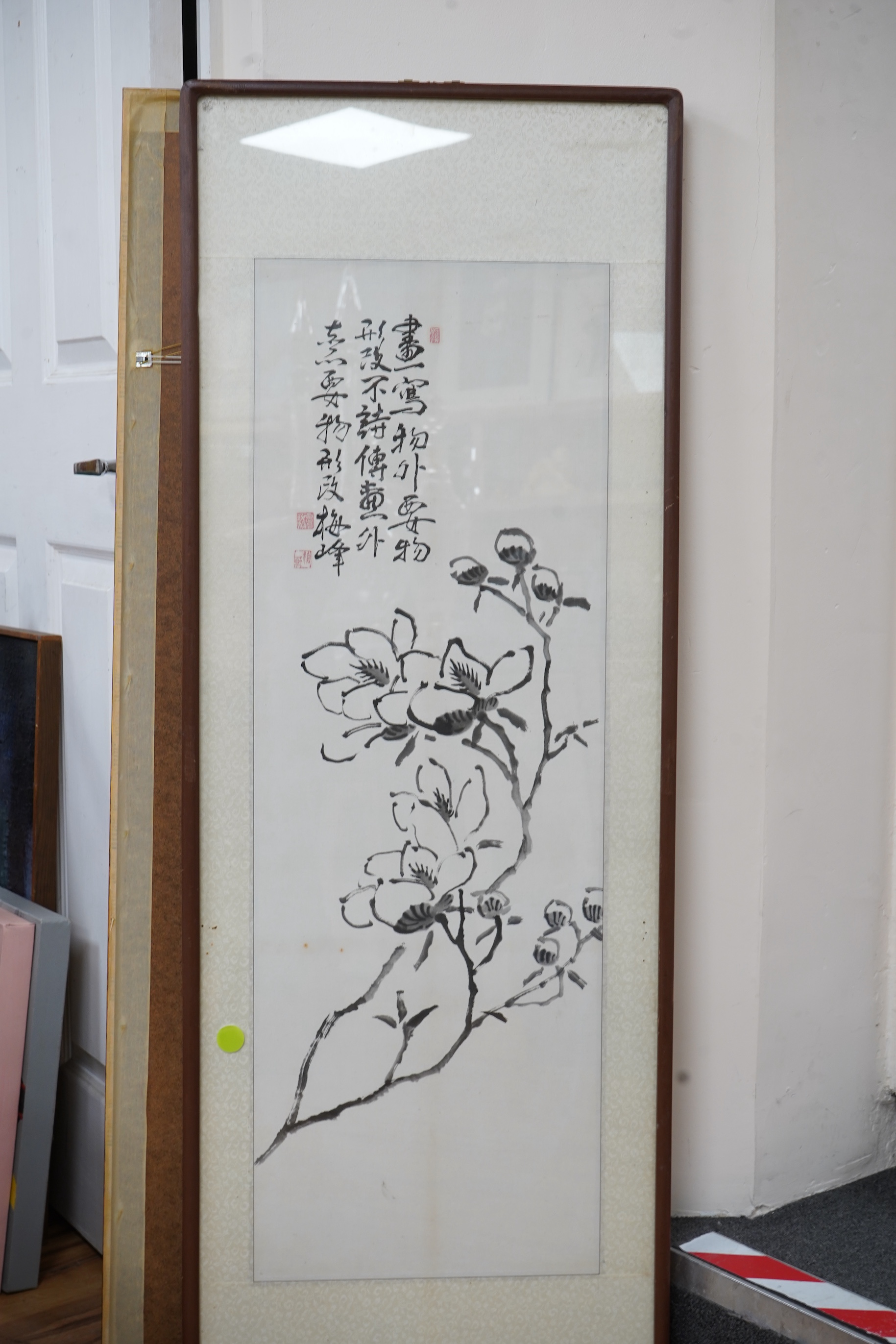 A pair of Chinese floral painted panels, signed with character marks and red seal marks, framed, 92 x 31cm